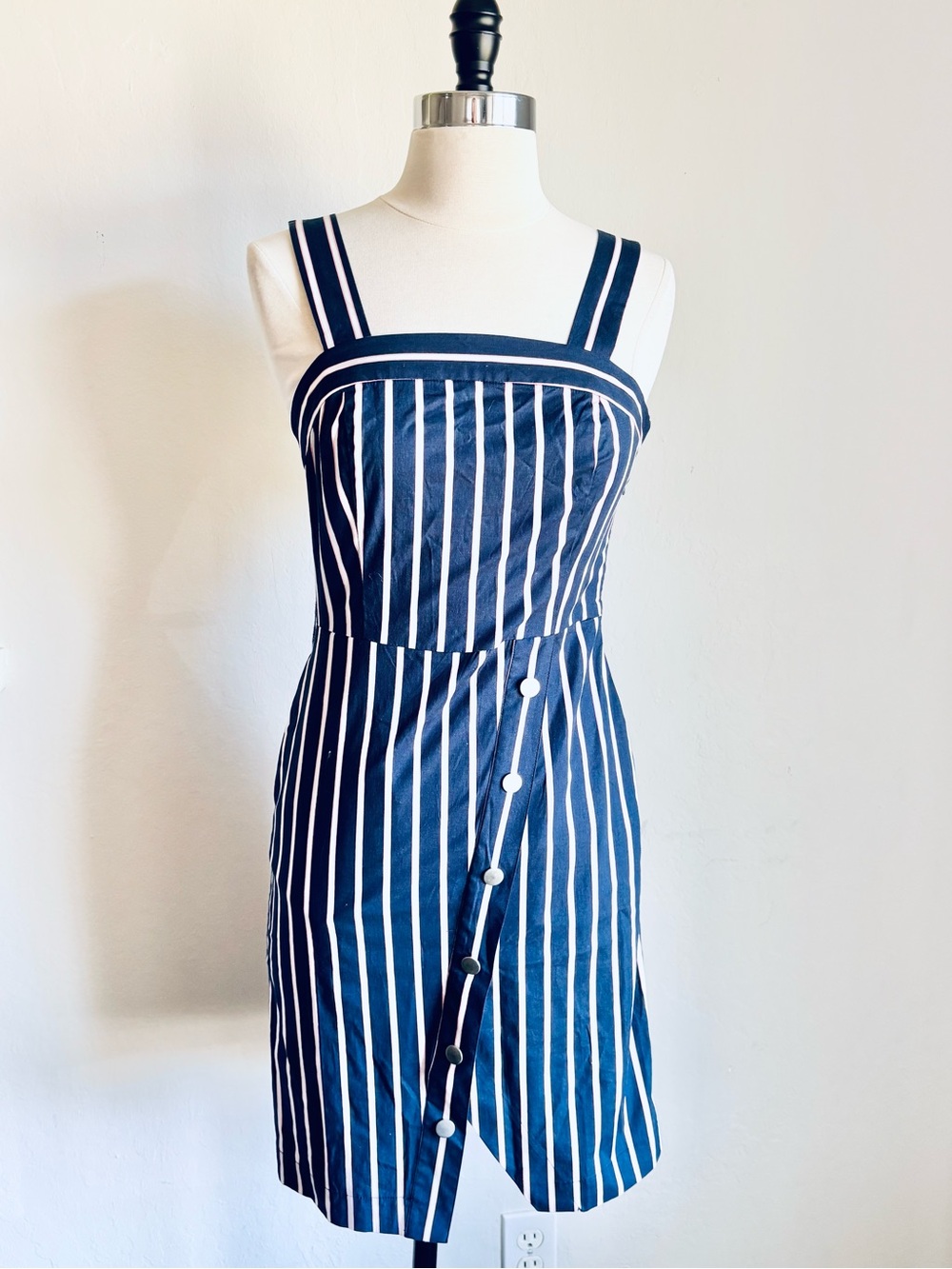 J.O.A. Porto Navy White Pink Vertical-Stripe Asymmetrical Cotton Mini Dress